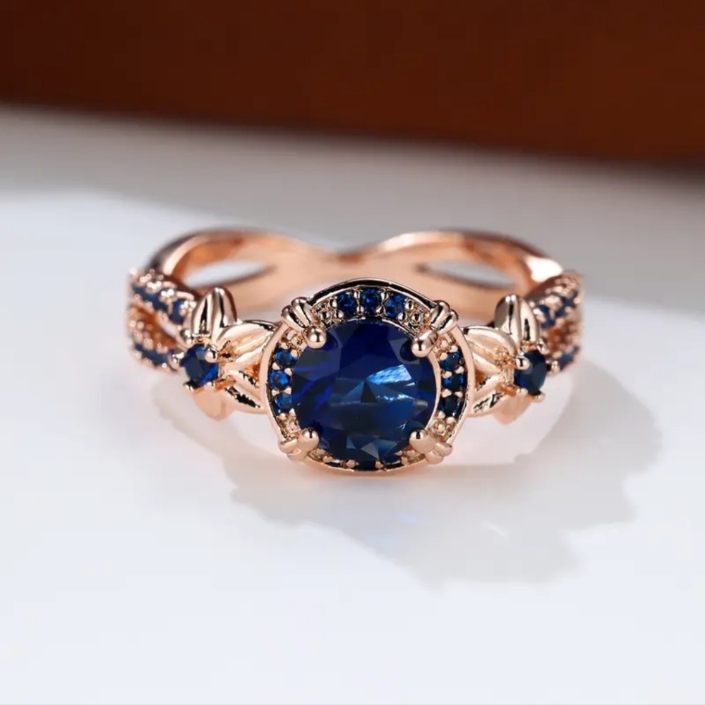 2Ct Round Cut Blue Sapphire Zircon Stone Halo Engagement Ring 18 K Gold Plated. - Picture 2 of 12